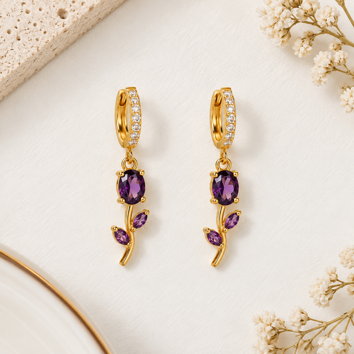 Amethyst Tulip Drop Earrings -18KT Gold Plated