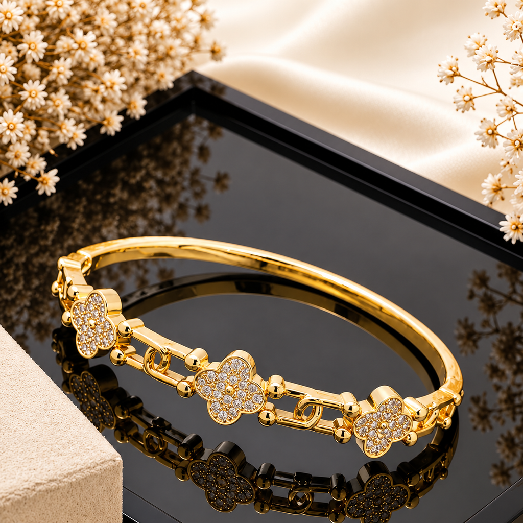 Clover Charm Cuff Bracelet -18KT Gold Plated