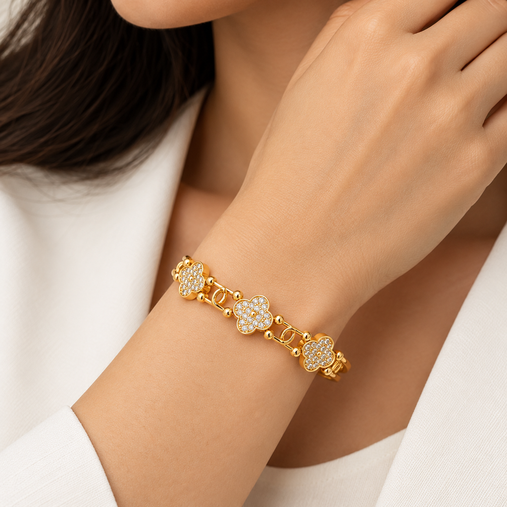 Clover Charm Cuff Bracelet -18KT Gold Plated