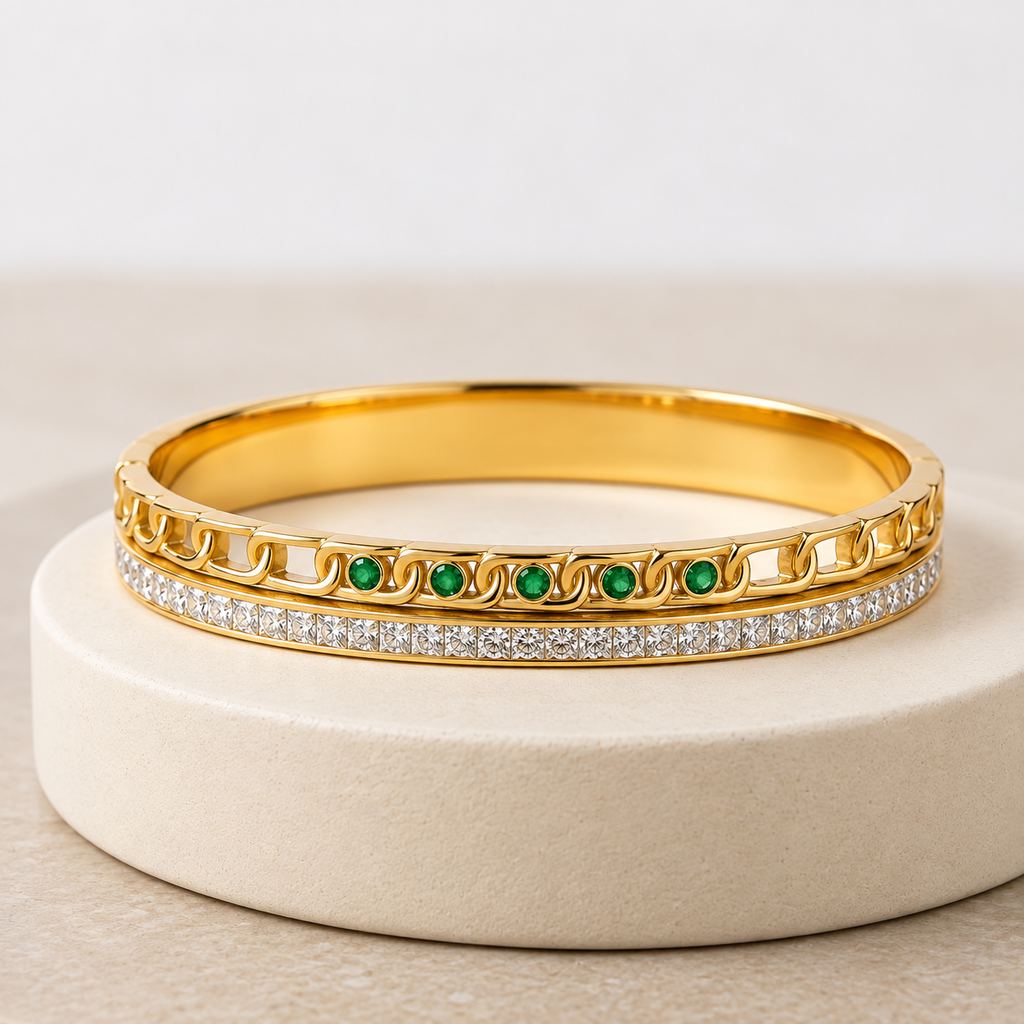 Regal Emerald Cuff Bracelet -18KT Gold Plated