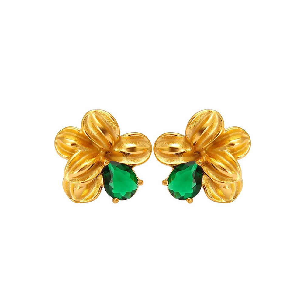 Emerald Floral Statement Stud Earrings - Demifine 18KT Gold Plated
