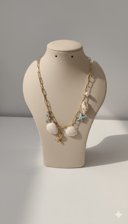 Beachy Seashell , Stones Charms Pendant Chain - Demifine 18KT Gold Plated