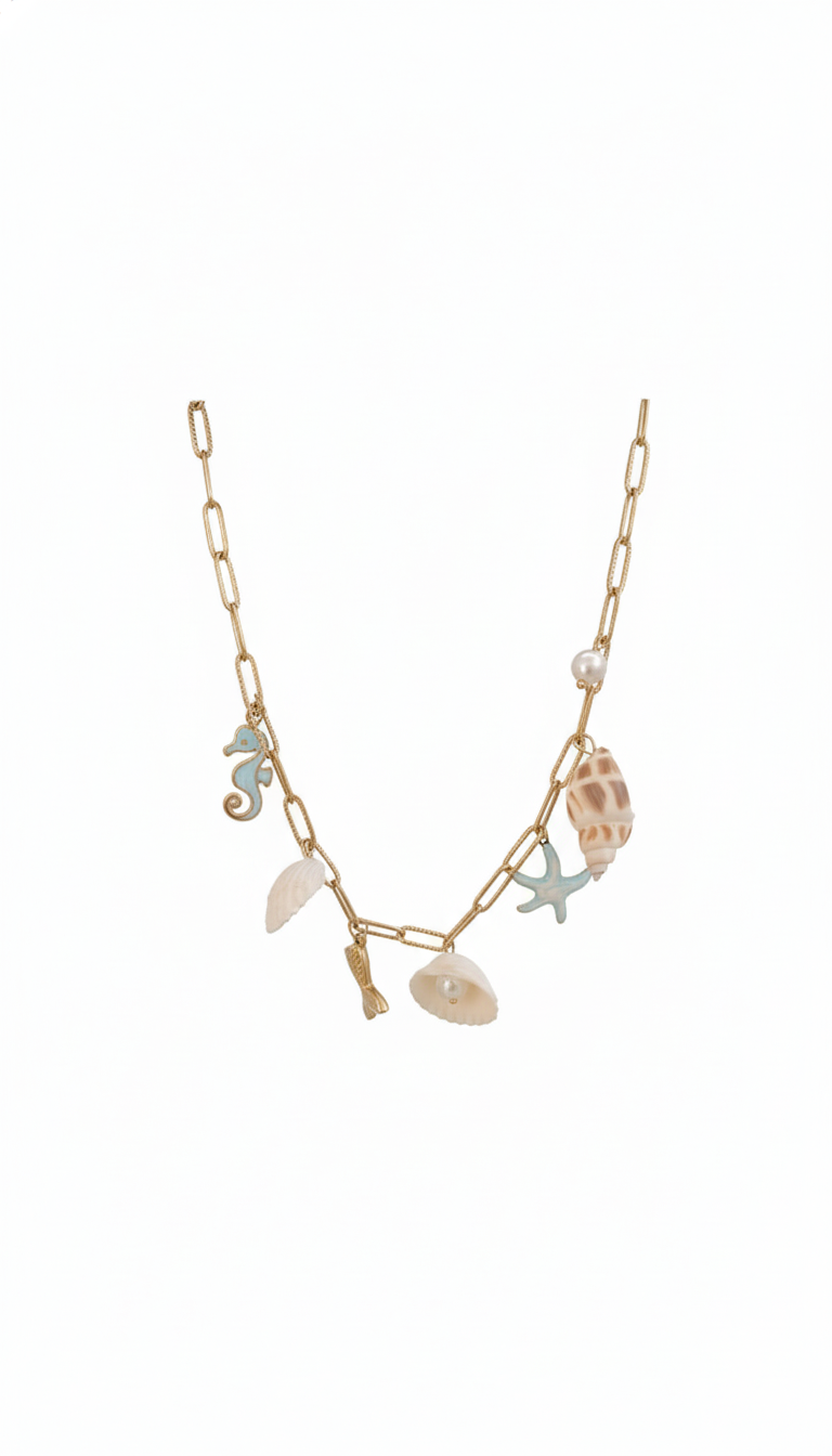 Beachy Seashell , Stones Charms Pendant Chain - Demifine 18KT Gold Plated