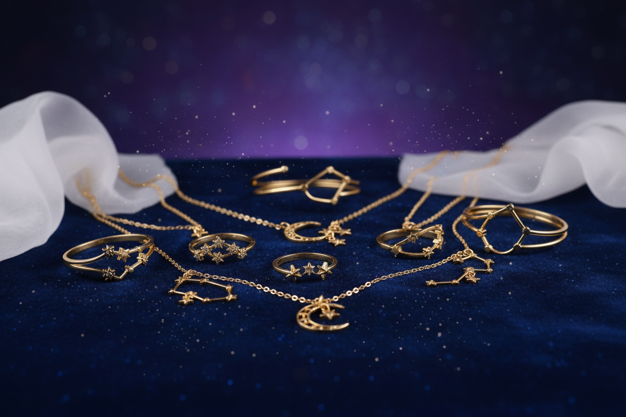 generate an image for celestial dream collection 18kt gold plated jewelry 