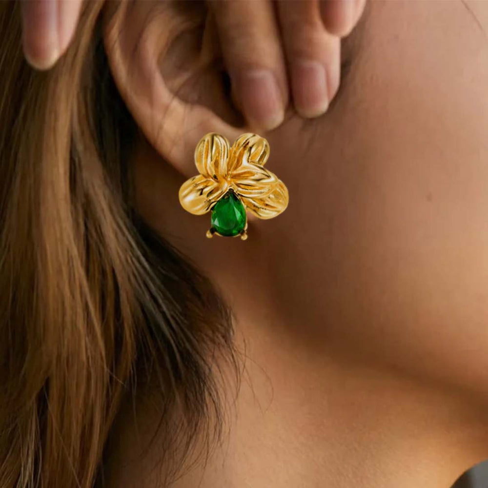 Emerald Floral Statement Stud Earrings - Demifine 18KT Gold Plated