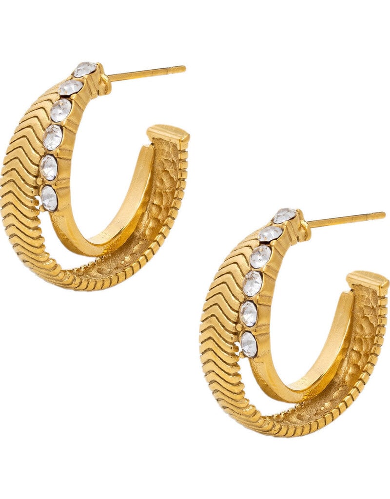 Textured Diamond Studded Double Hoop Earrings - Demifine 18KT Gold Plated