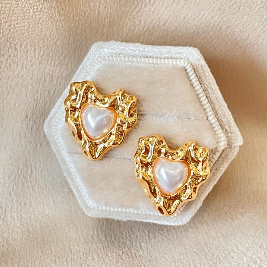 Pearl Studded Heart Statement Earrings - Demifine 18KT Gold Plated