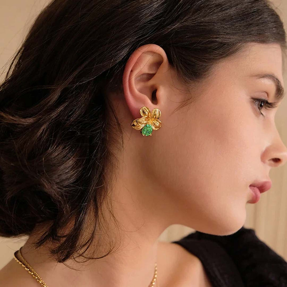 Emerald Floral Statement Stud Earrings - Demifine 18KT Gold Plated