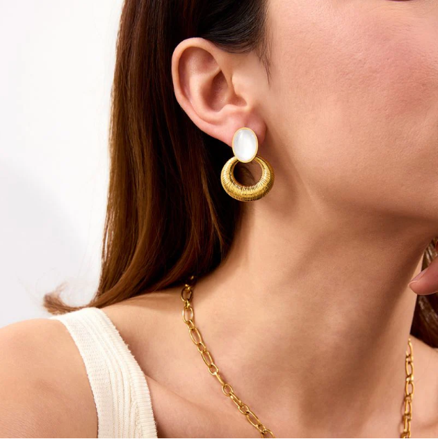 hammered MOP dangling Earring - Demifine 18KT Gold Plated