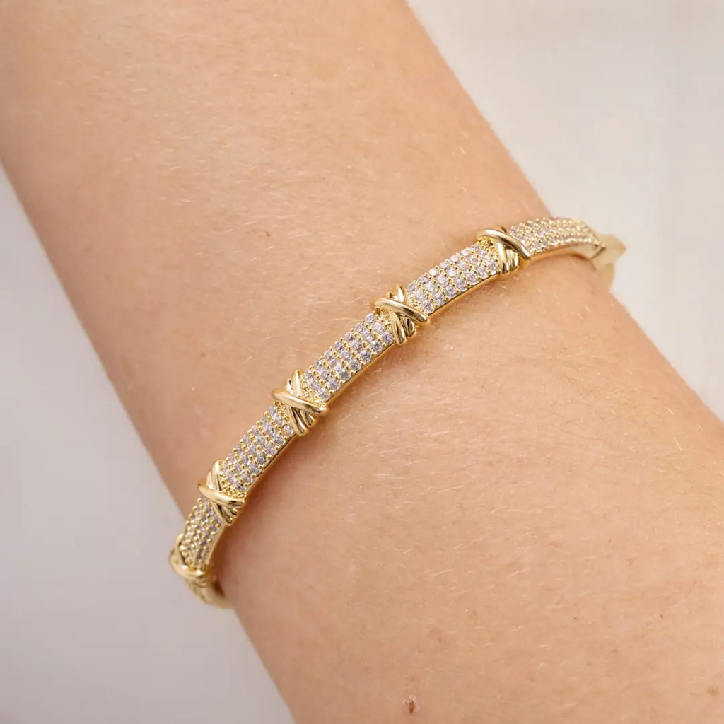 Crossover Diamond Studded Cuff Bracelet - Demifine 18KT Gold Plated