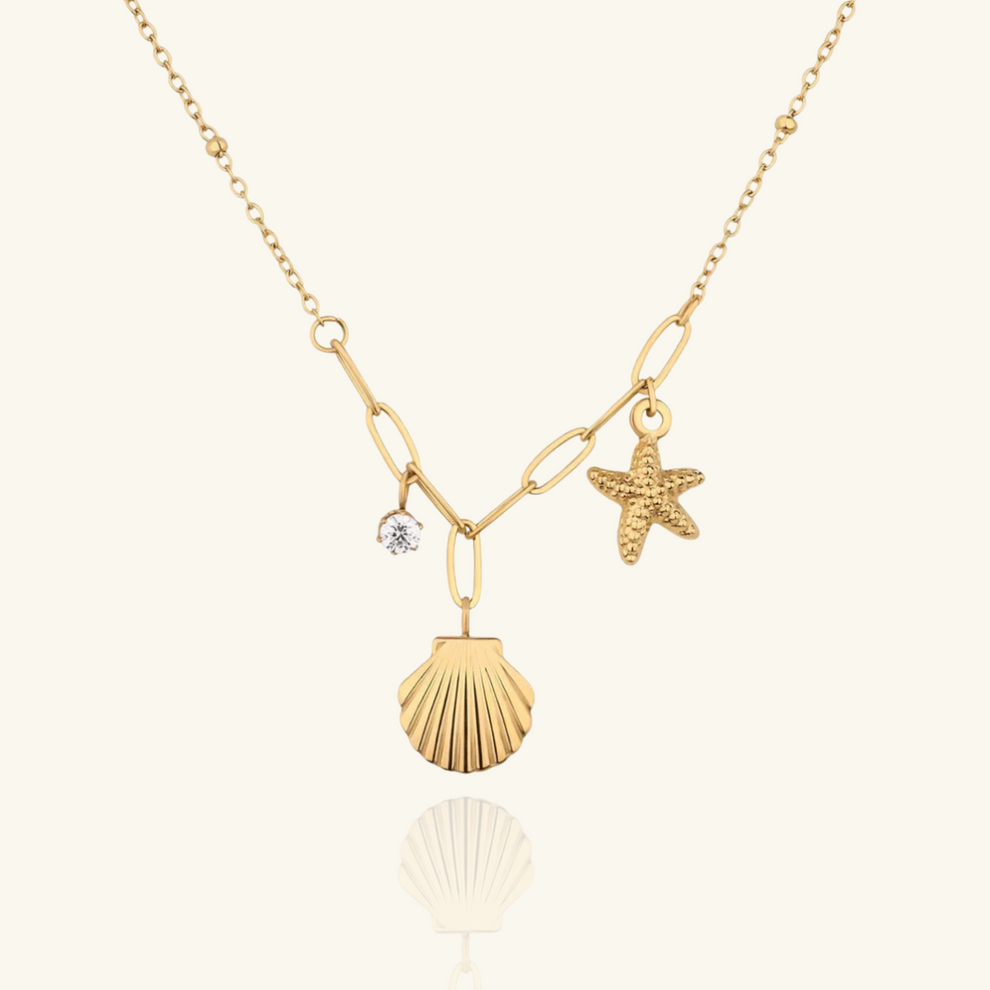Beachy Starfish, Shell Charms Pendant Chain - Demifine 18KT Gold Plated