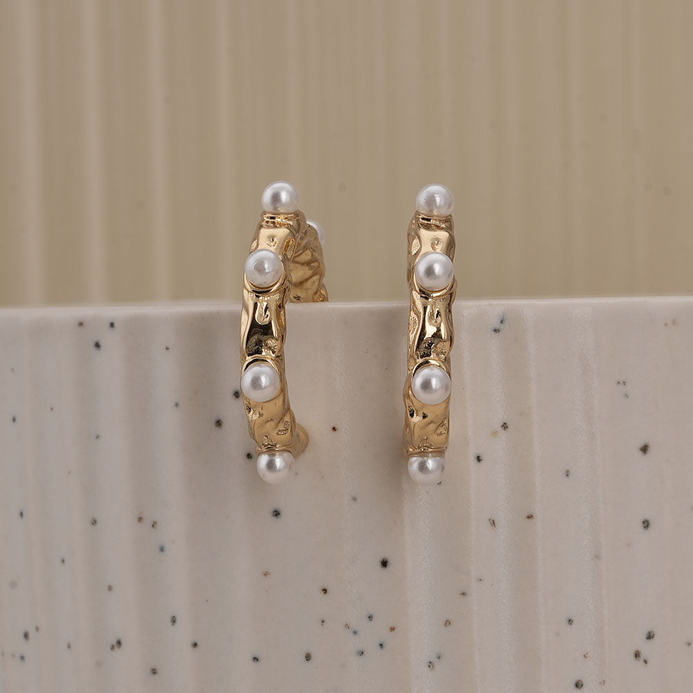 Pearl Studded Rectangular Hoop Earrings - Demifine 18KT Gold Plated