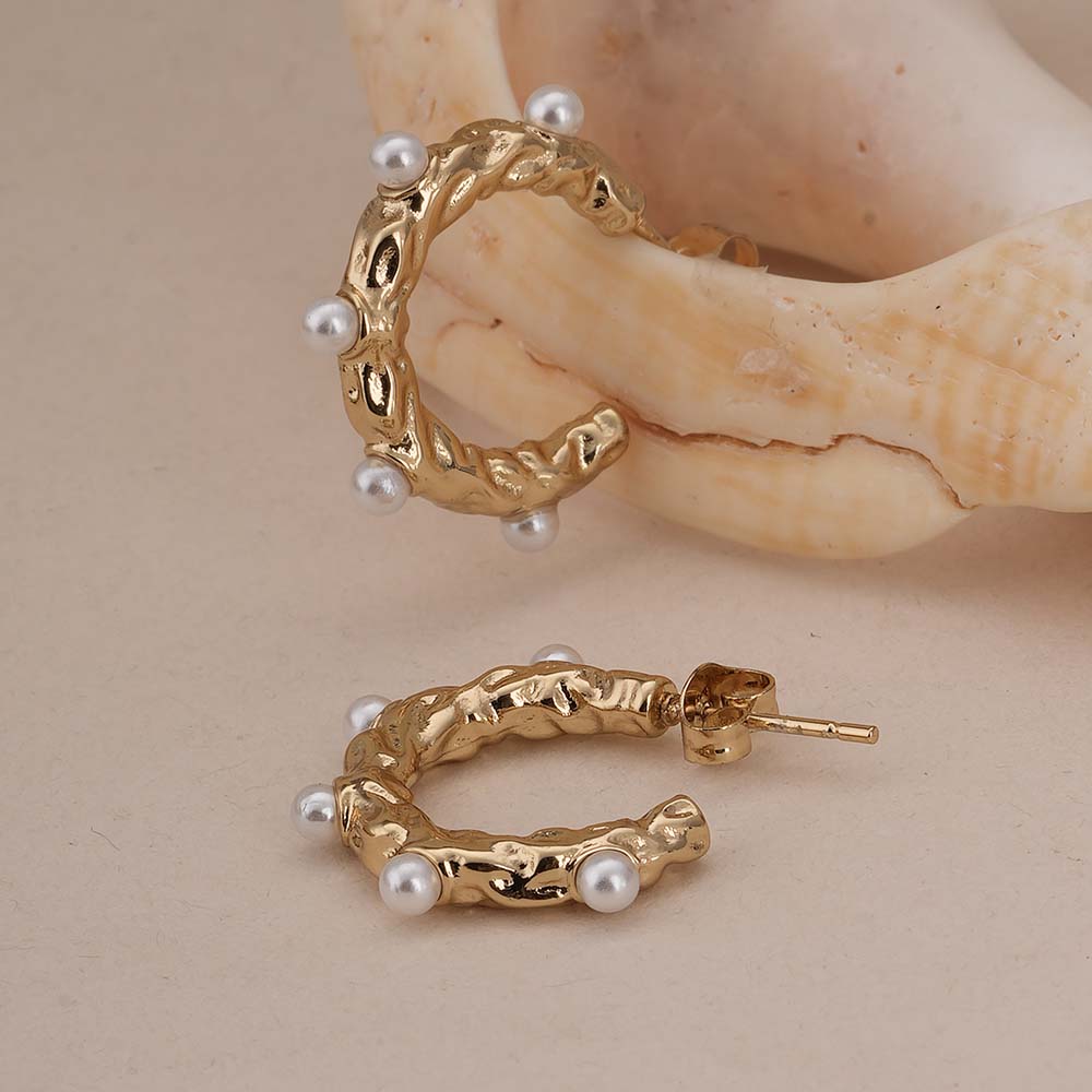 Pearl Studded Rectangular Hoop Earrings - Demifine 18KT Gold Plated