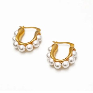Pearl Studded Rectangular Hoop Earrings - Demifine 18KT Gold Plated