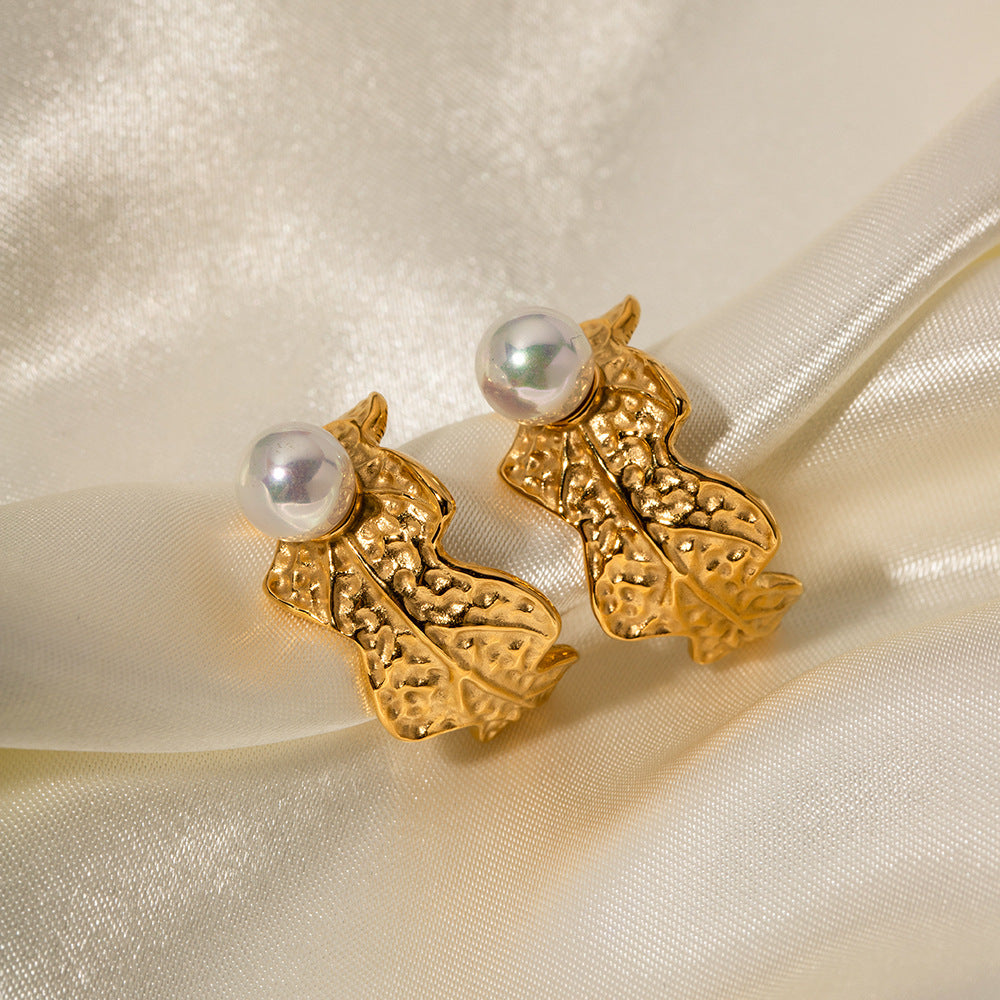 Pearl Studded Leaf Hoop Earring - Demifine 18KT Gold Plated