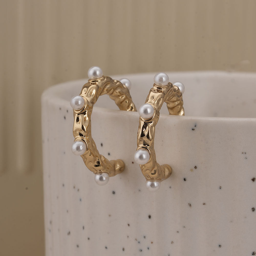 Pearl Studded Rectangular Hoop Earrings - Demifine 18KT Gold Plated