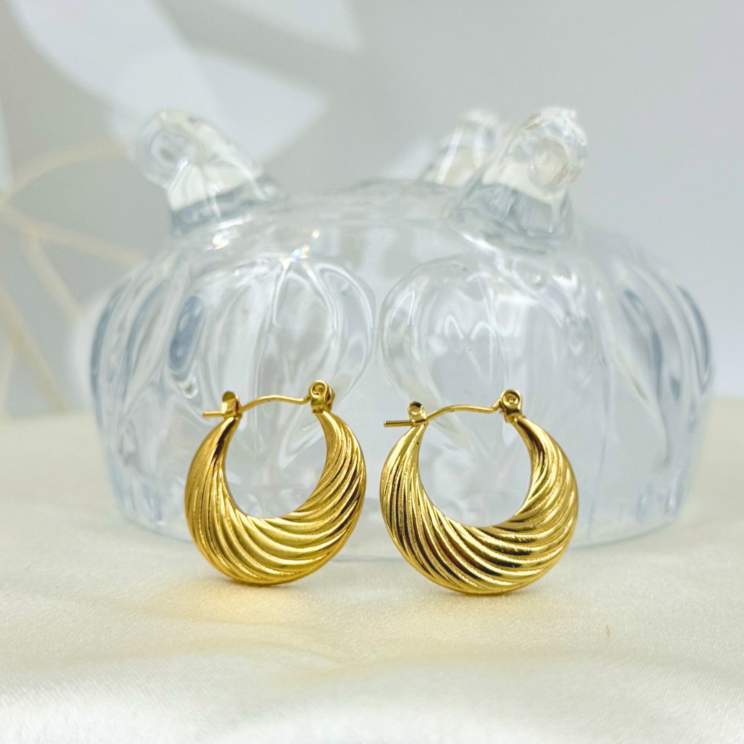 Round Textured Chandbali Shaped Hoop Earrings - 18KT Gold Plated