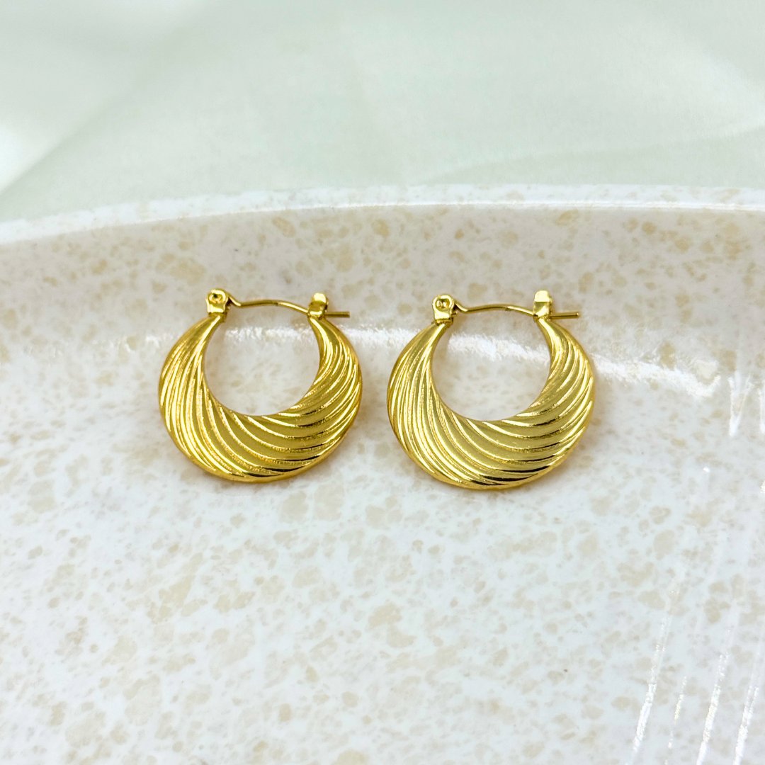 Round Textured Chandbali Shaped Hoop Earrings - 18KT Gold Plated