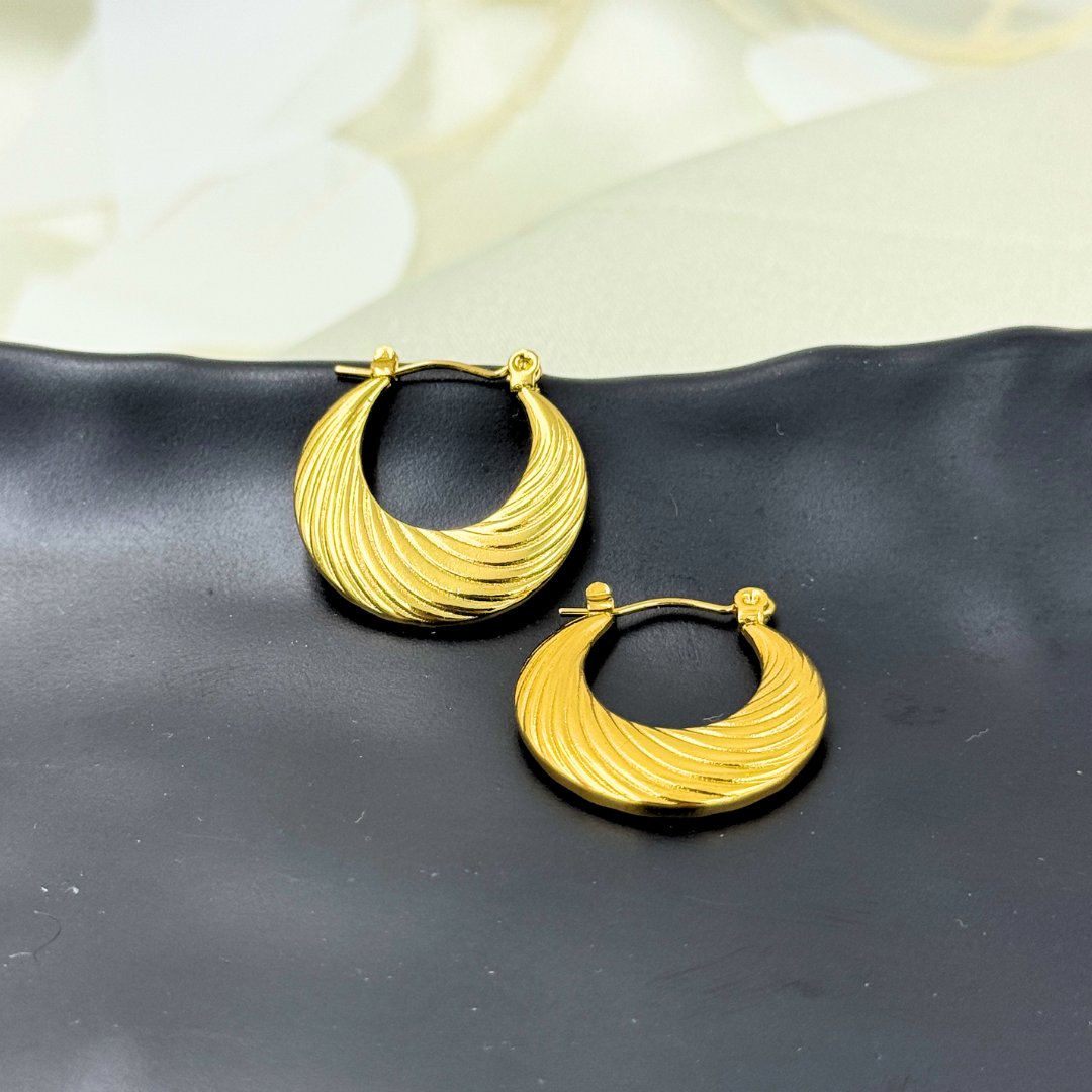 Round Textured Chandbali Shaped Hoop Earrings - 18KT Gold Plated
