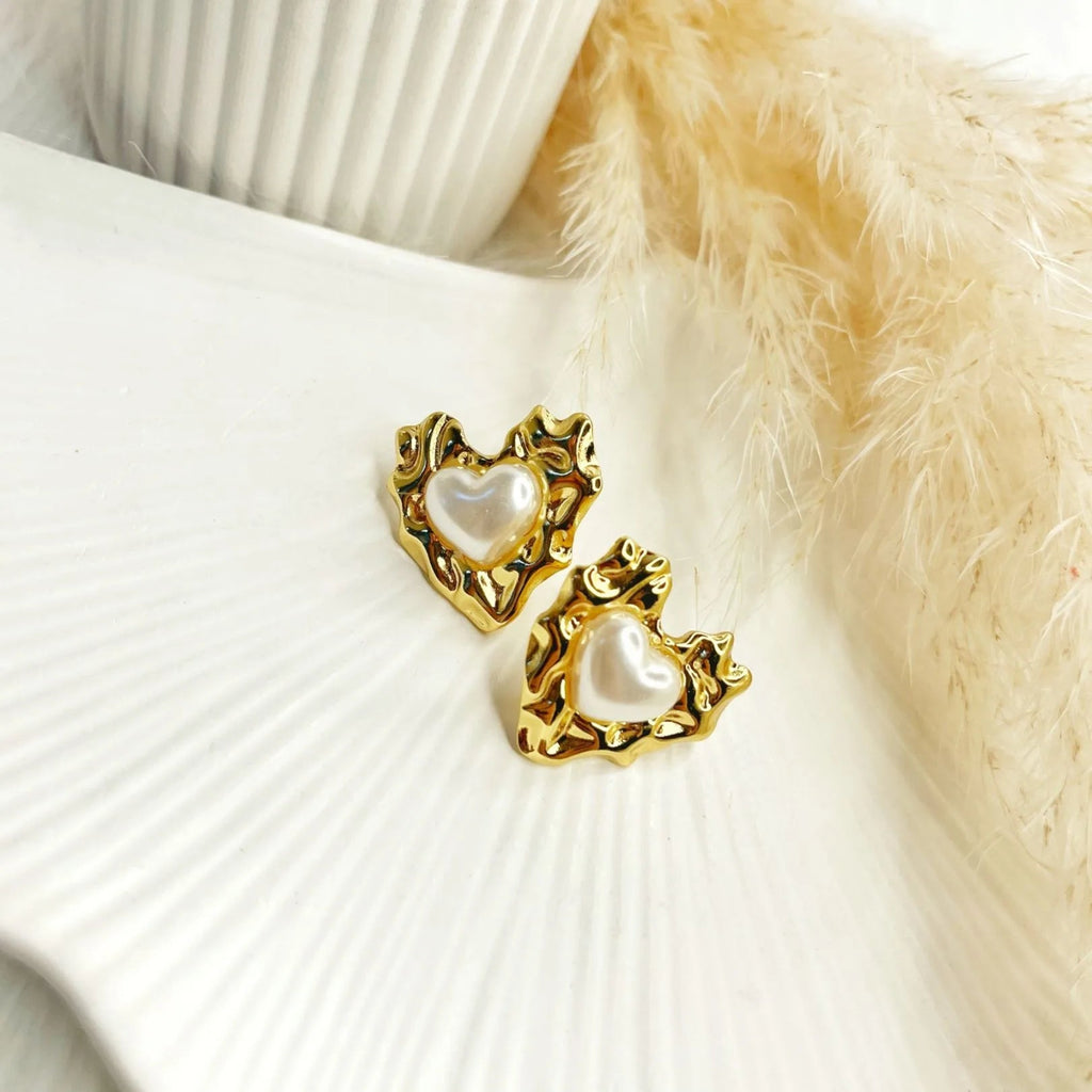 Pearl Studded Heart Statement Earrings - Demifine 18KT Gold Plated